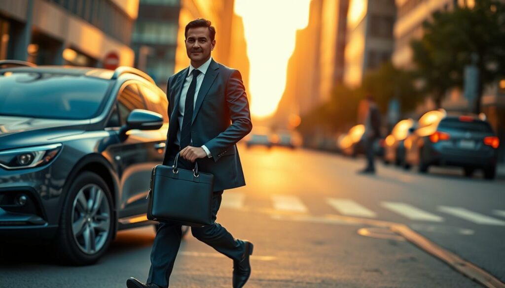 executivo utilizando aluguel de carro para viagem de negócios