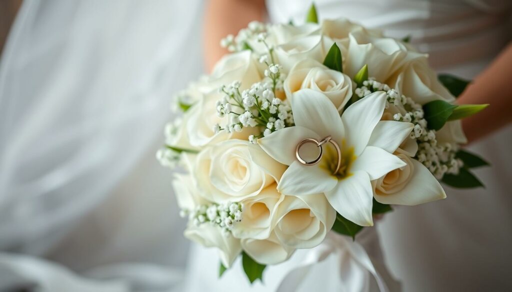 buquê de noiva elegante com alianças de casamento