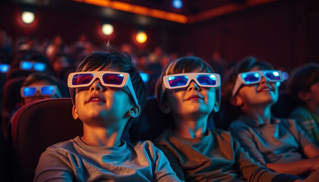 crianças assistindo filme no cinema com 3d usando óculos especiais crianças assistindo filme no cinema com 3d usando óculos especiais