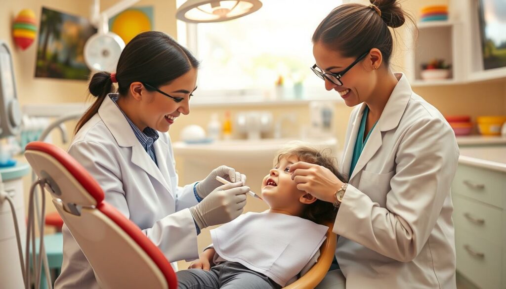 dentista infantil atendendo criança no consultório odontopediátrico