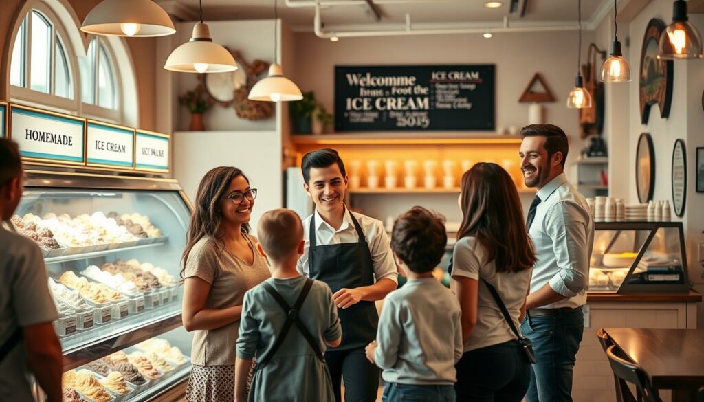 equipe de sorveteria para família atendendo clientes