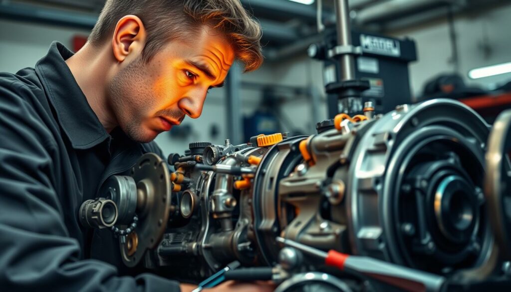 mecânico de câmbio realizando diagnóstico especializado em transmissão