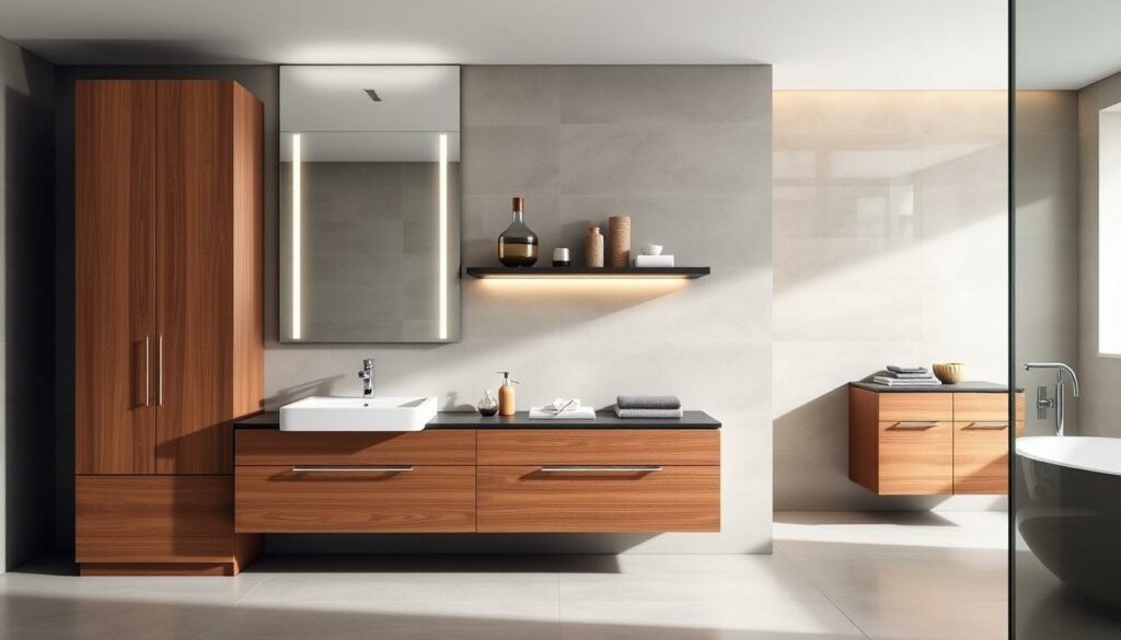 móveis planejados para banheiro com armários e organização