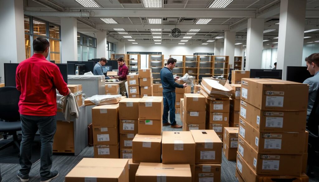 mudança comercial com equipamentos de escritório sendo empacotados profissionalmente