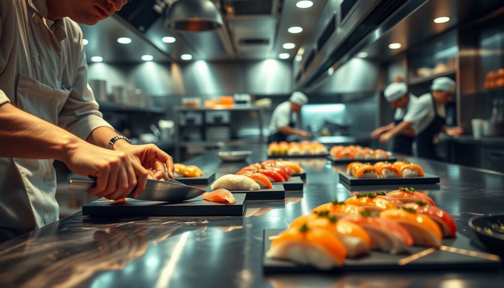 restaurante japonês preparando sushi com técnicas visuais