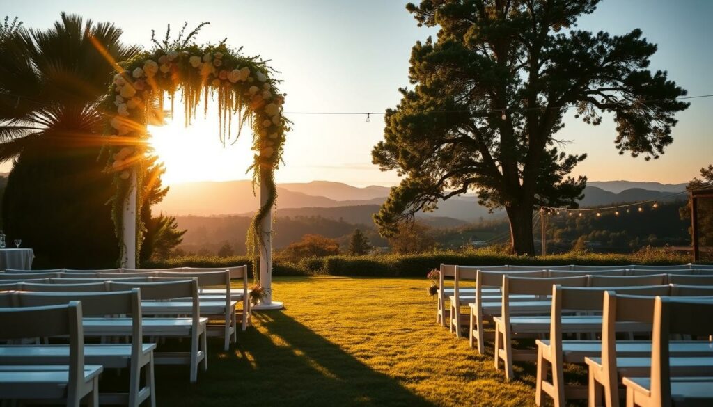 sítio para casamento com decoração elegante ao ar livre